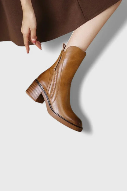 Women's leather ankle boots with functional side zipper and block heel