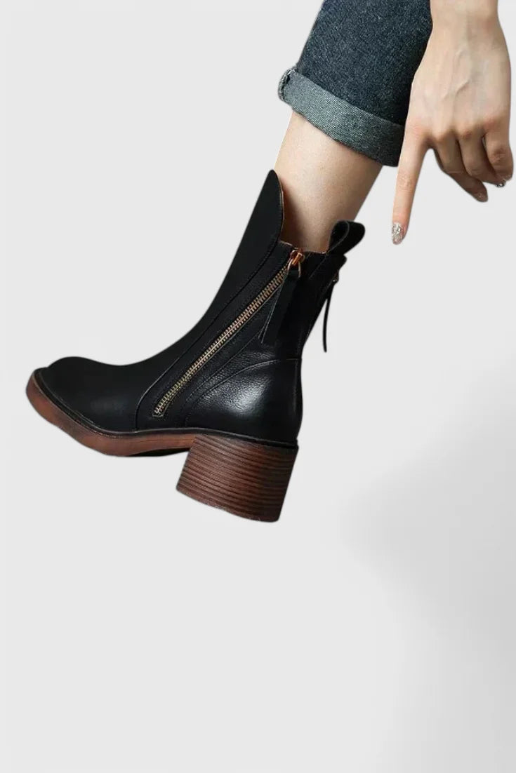 Women's leather ankle boots with functional side zipper and block heel
