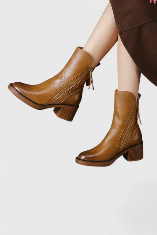 Women's leather ankle boots with functional side zipper and block heel – Brown