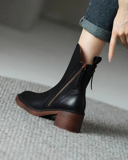 Women's leather ankle boots with side zipper and chunky block heel