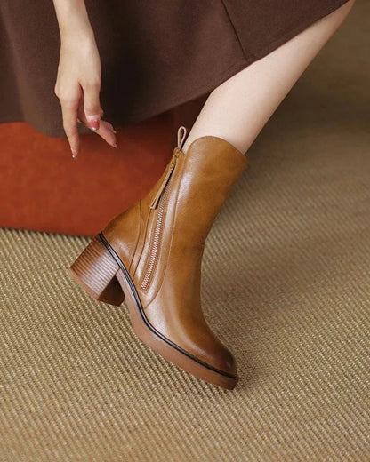 Women's leather ankle boots with side zipper and chunky block heel