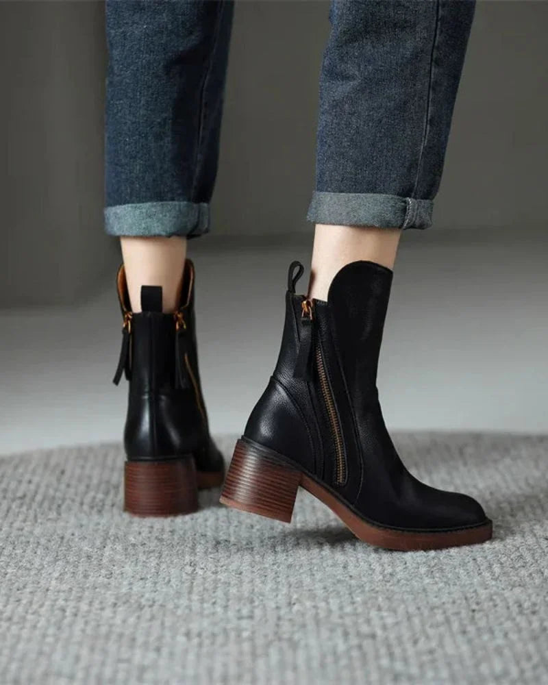 Women's leather ankle boots with side zipper and chunky block heel