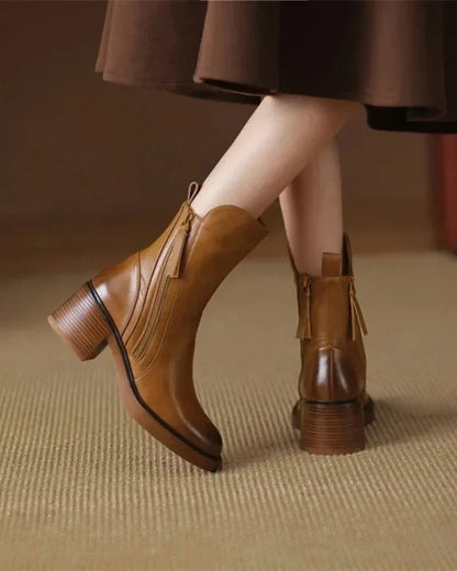 Women's leather ankle boots with side zipper and chunky block heel