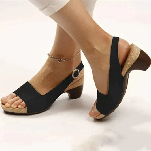 Women's leather block-heel slingback open-toe sandals with buckle closure – Black