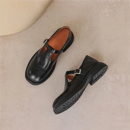 Women's leather brogue Mary Jane shoes with T-strap and block heel