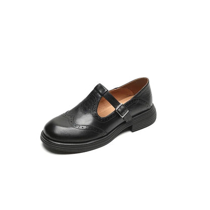 Women's leather brogue Mary Jane shoes with T-strap and block heel – Black
