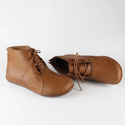 Women's leather casual ankle boots with lace-up closure and round toe