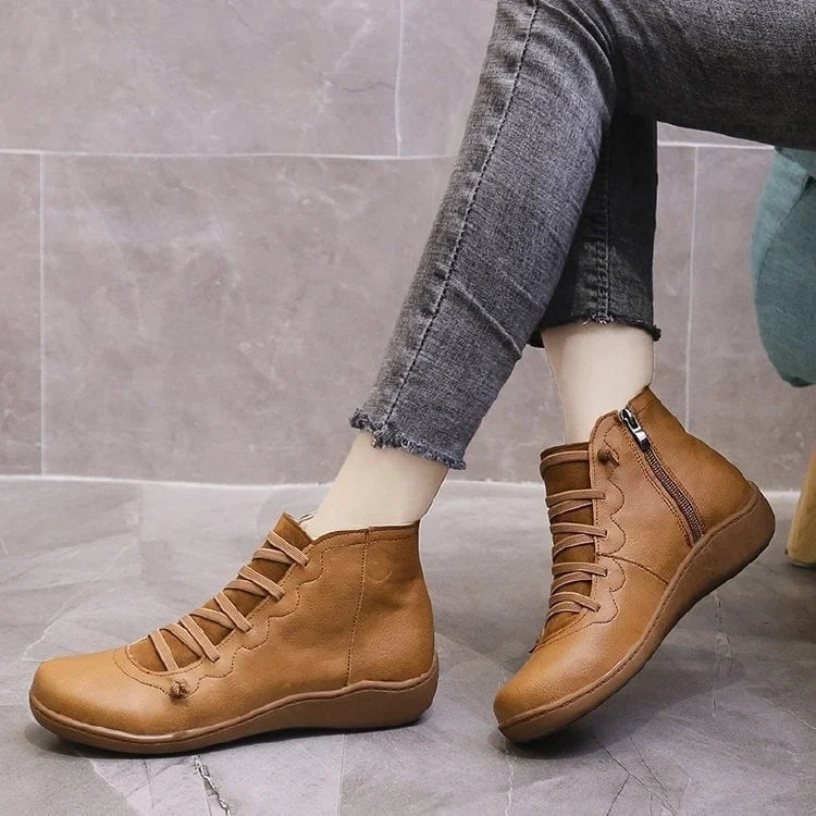 Women's leather casual ankle boots with lace-up front and side zipper