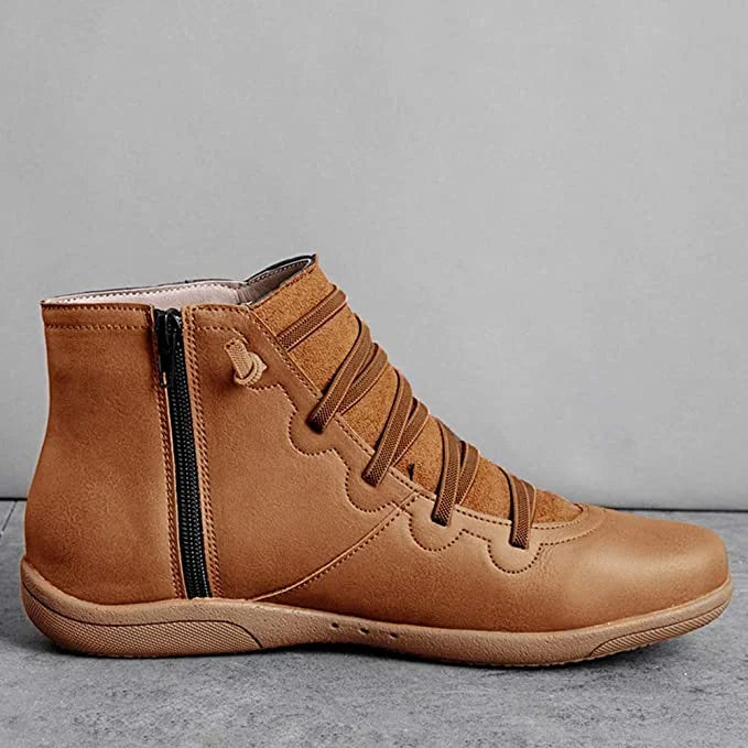 Women's leather casual ankle boots with lace-up front and side zipper