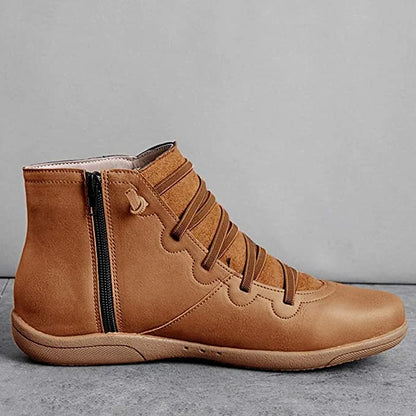 Women's leather casual ankle boots with lace-up front and side zipper