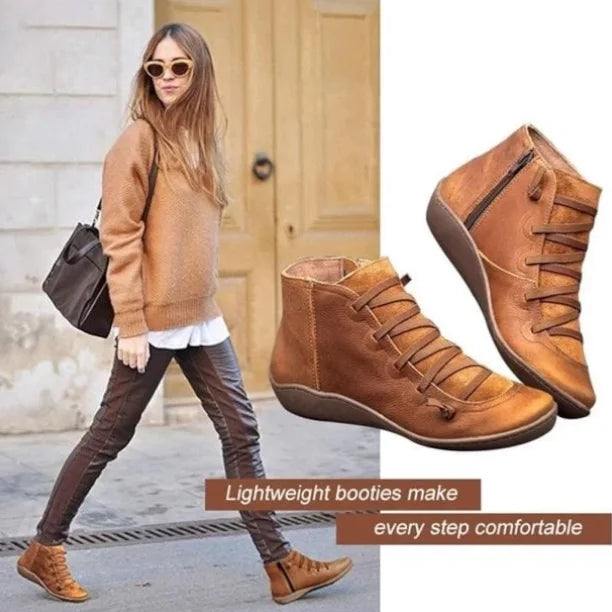Women's leather casual ankle boots with lace-up front and side zipper