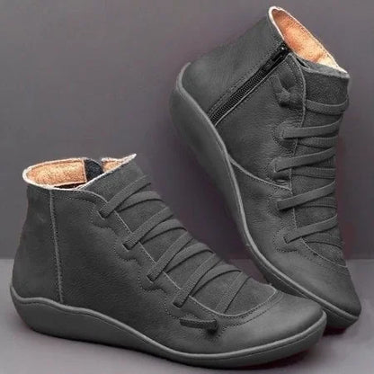 Women's leather casual ankle boots with lace-up front and side zipper – Black