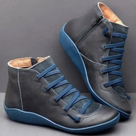 Women's leather casual ankle boots with lace-up front and side zipper – Blue