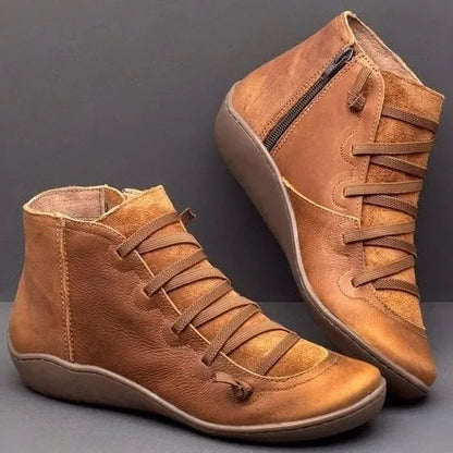 Women's leather casual ankle boots with lace-up front and side zipper – Brown