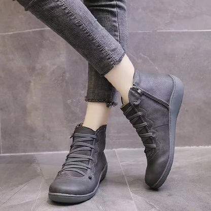 Women's leather casual ankle boots with lace-up front and side zipper