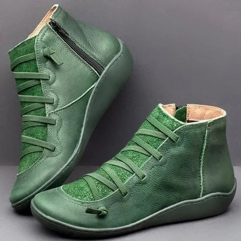 Women's leather casual ankle boots with lace-up front and side zipper – Green