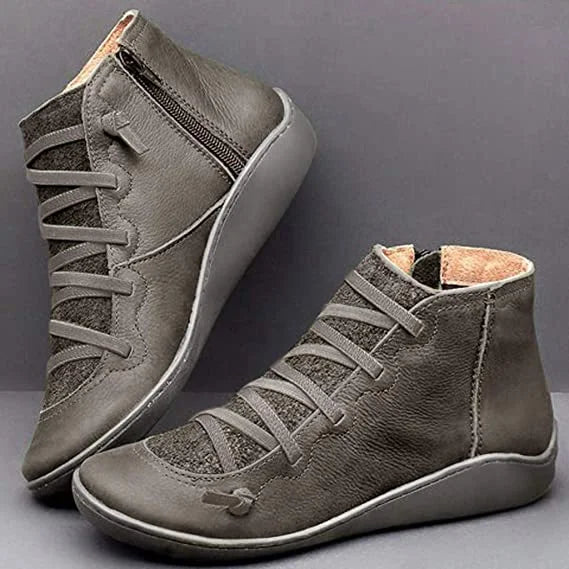 Women's leather casual ankle boots with lace-up front and side zipper – Grey