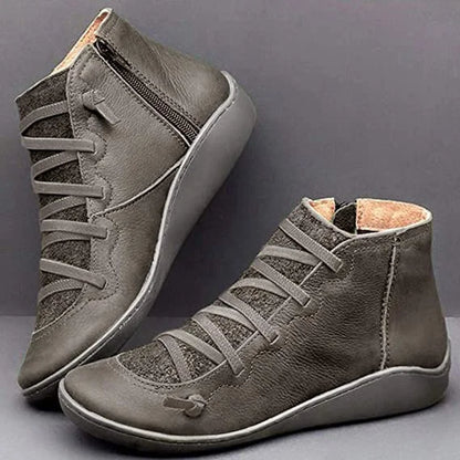 Women's leather casual ankle boots with lace-up front and side zipper – Grey