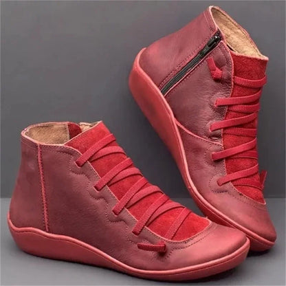 Women's leather casual ankle boots with lace-up front and side zipper – Red