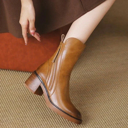 Women's leather chunky-heel ankle boots with side zipper closure