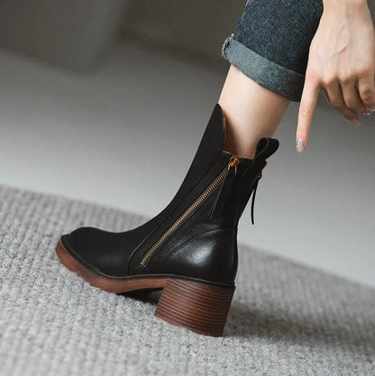 Women's leather chunky-heel ankle boots with side zipper closure