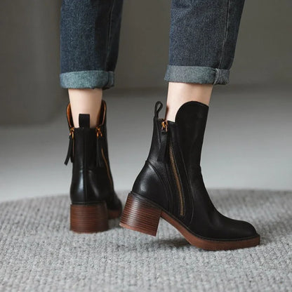 Women's leather chunky-heel ankle boots with side zipper closure