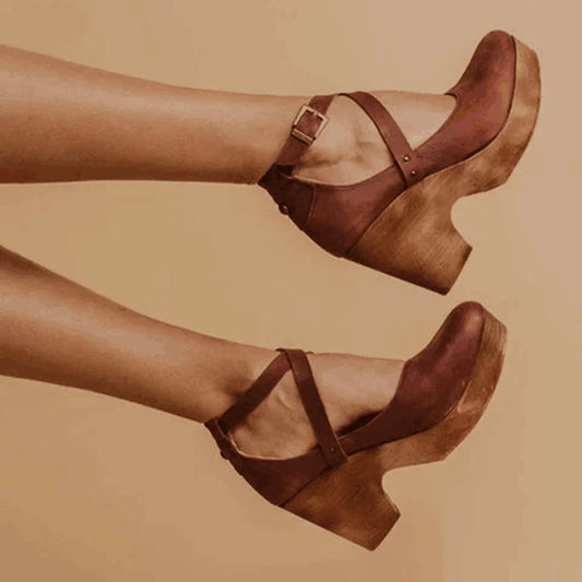 Women's leather closed-toe Mary-Jane platform wedge heels with ankle strap