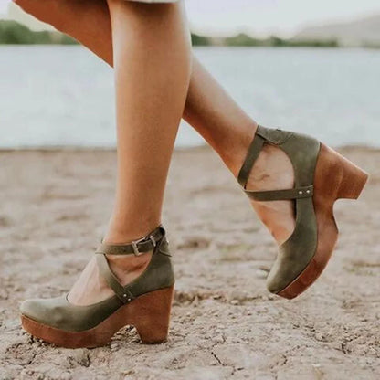 Women's leather closed-toe Mary-Jane platform wedge heels with ankle strap
