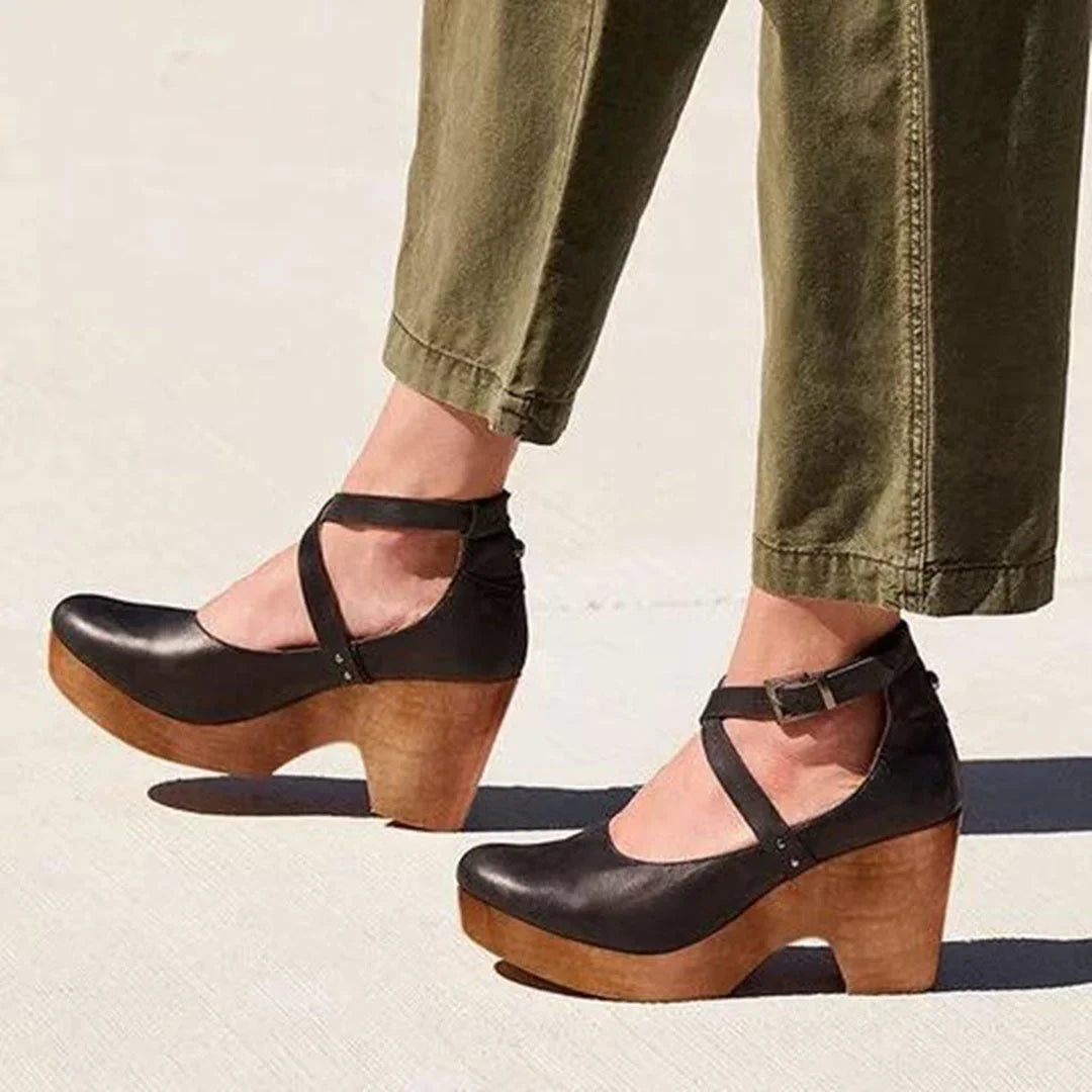 Women's leather closed-toe Mary-Jane platform wedge heels with ankle strap – Black
