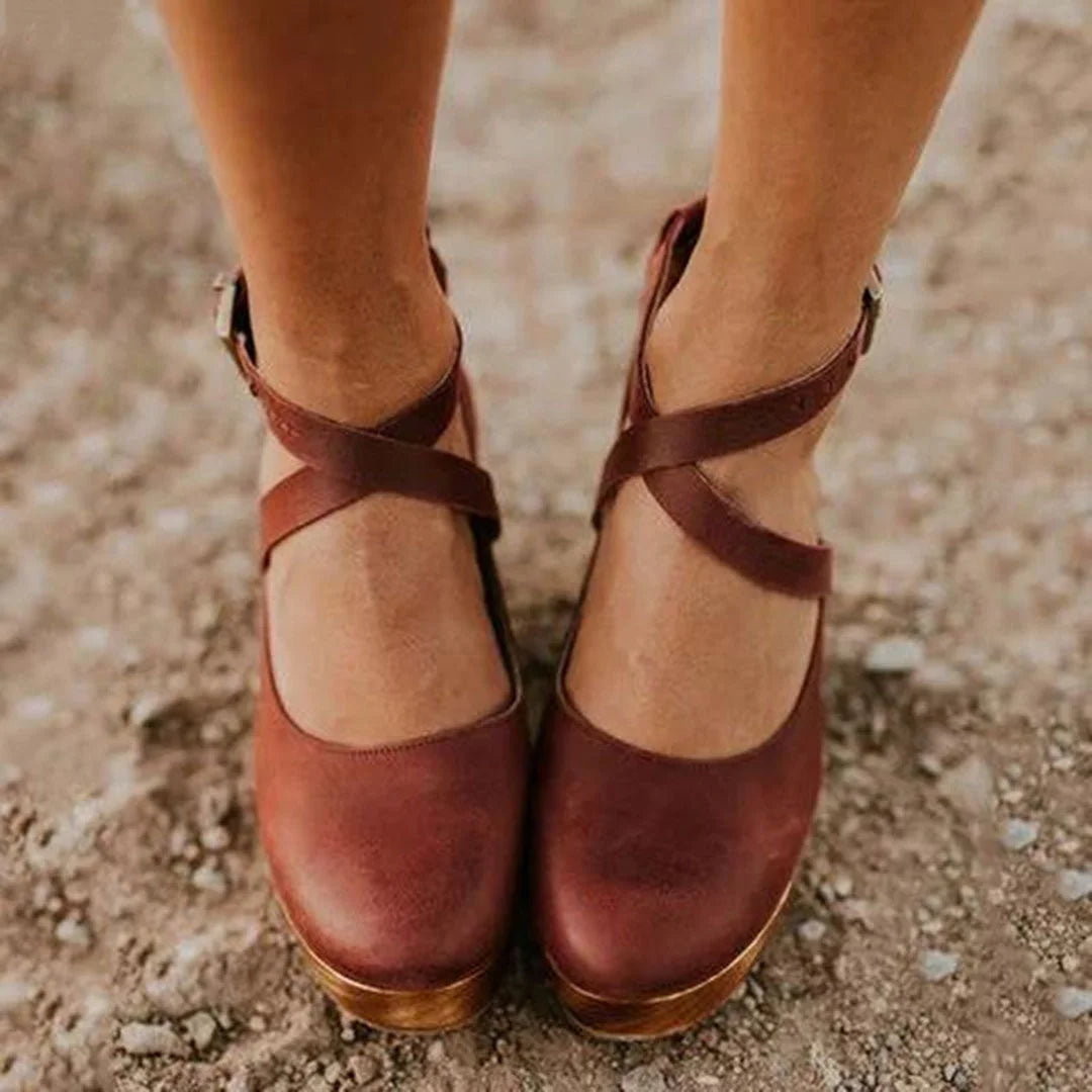 Women's leather closed-toe Mary-Jane platform wedge heels with ankle strap – Brown