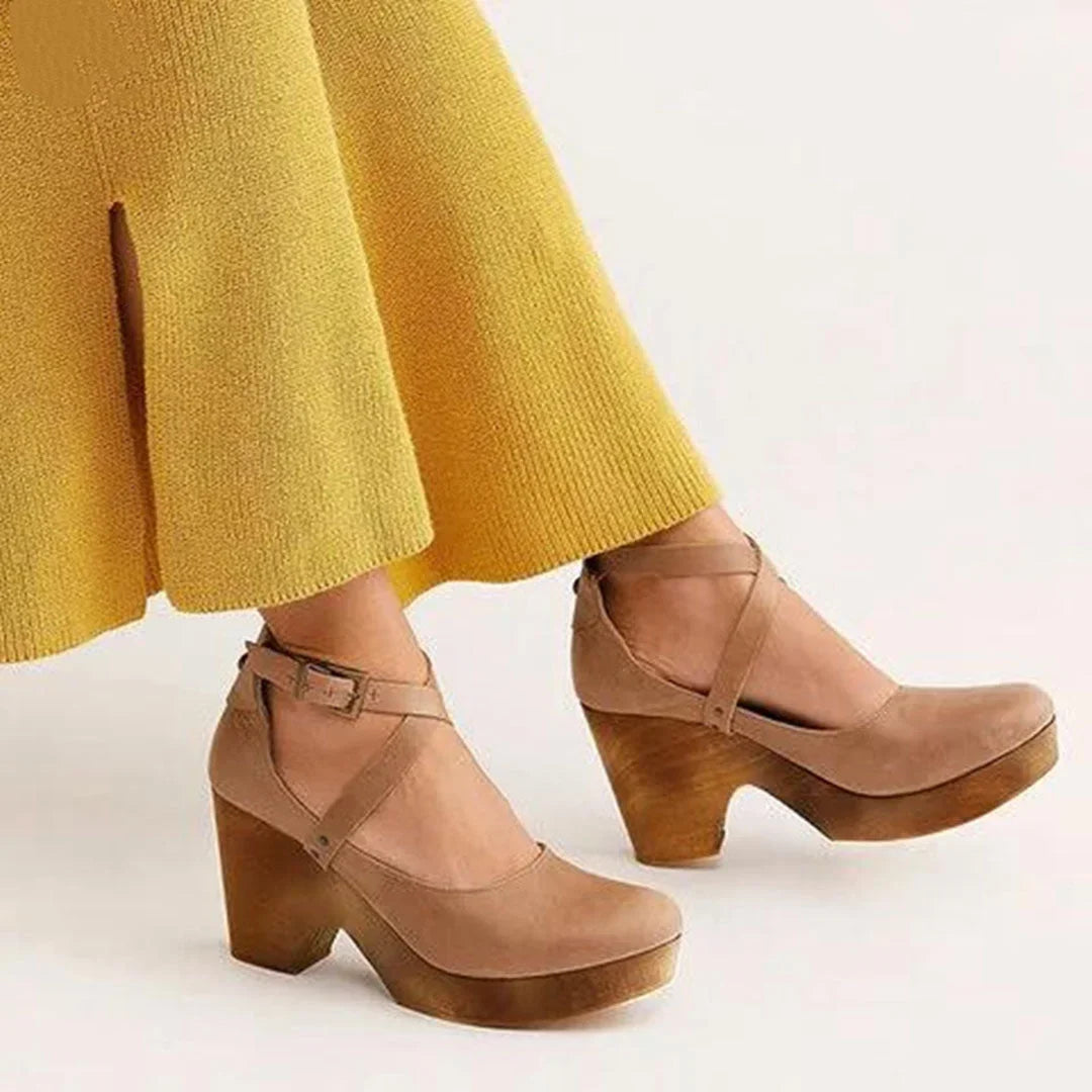 Women's leather closed-toe Mary-Jane platform wedge heels with ankle strap – Khaki