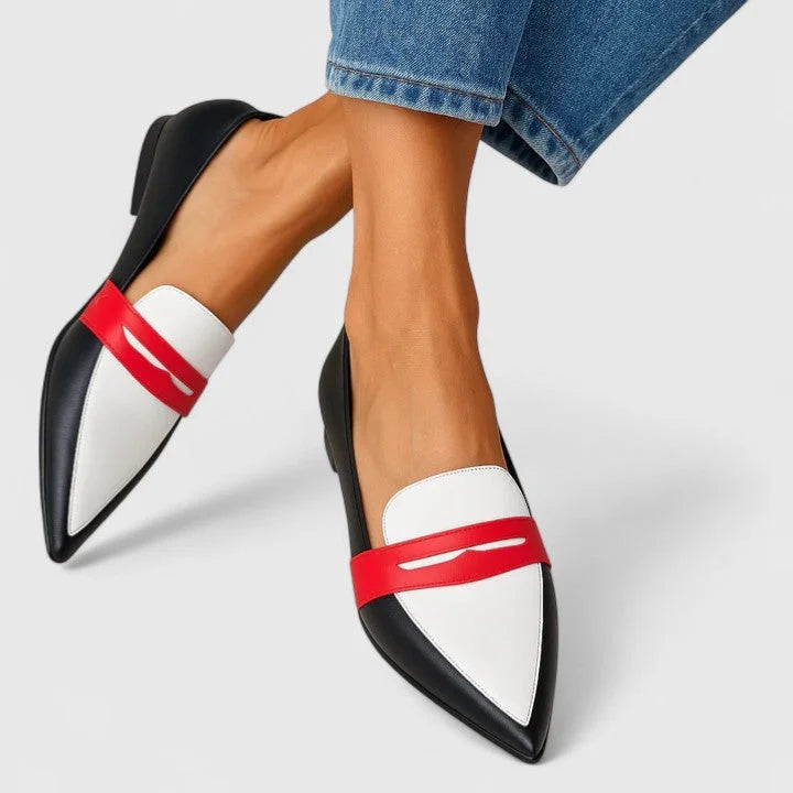 Women's leather color-block pointed-toe flat loafers with penny strap – White