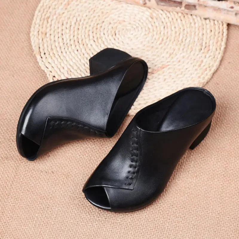 Women's leather cushioned block-heel slip-on sandals with open-toe design