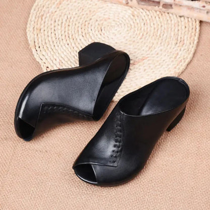 Women's leather cushioned block-heel slip-on sandals with open-toe design