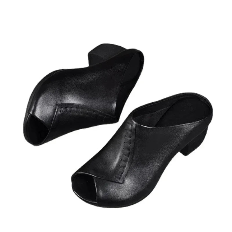 Women's leather cushioned block-heel slip-on sandals with open-toe design