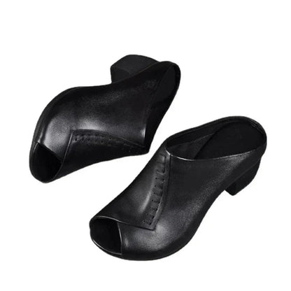 Women's leather cushioned block-heel slip-on sandals with open-toe design