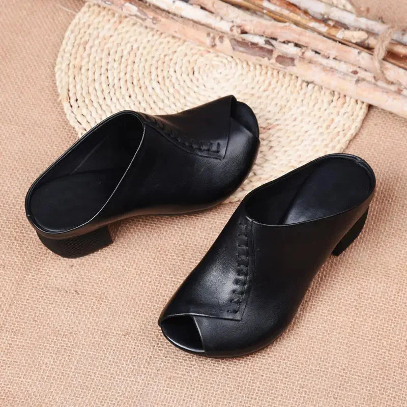 Women's leather cushioned block-heel slip-on sandals with open-toe design – Black