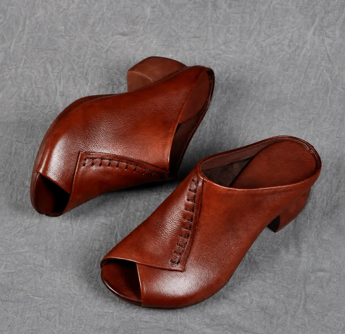 Women's leather cushioned block-heel slip-on sandals with open-toe design – Dark Brown