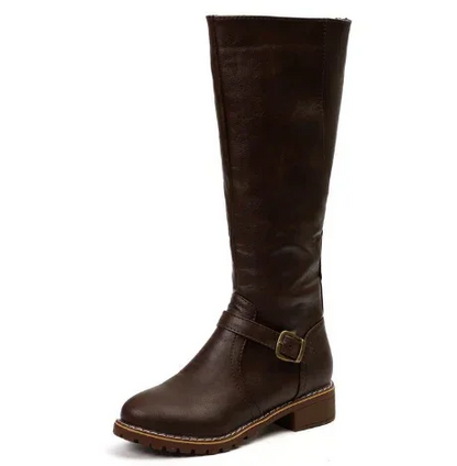 Women's leather knee-high boots with buckle strap and side zipper