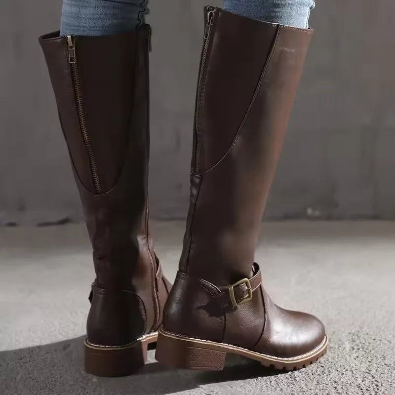 Women's leather knee-high boots with buckle strap and side zipper