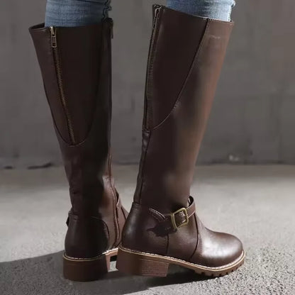 Women's leather knee-high boots with buckle strap and side zipper