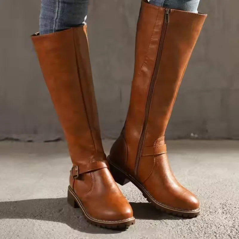 Women's leather knee-high boots with buckle strap and side zipper
