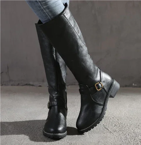 Women's leather knee-high boots with buckle strap and side zipper – Black