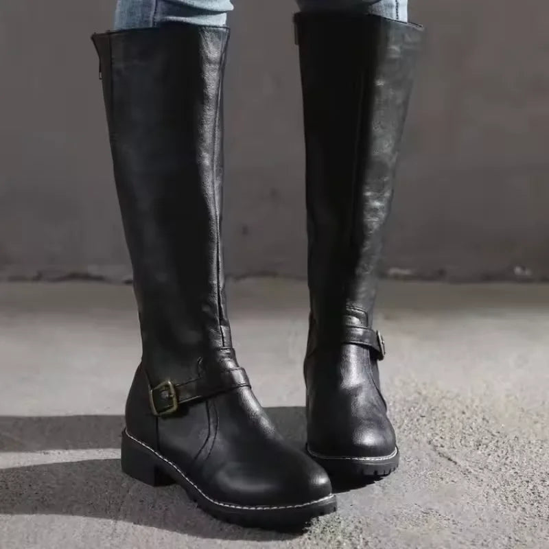 Women's leather knee-high boots with buckle strap and side zipper