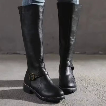 Women's leather knee-high boots with buckle strap and side zipper