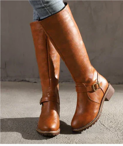 Women's leather knee-high boots with buckle strap and side zipper – Light Brown