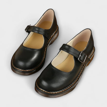 Women's leather Mary Jane shoes with buckle strap and stitched sole – Black