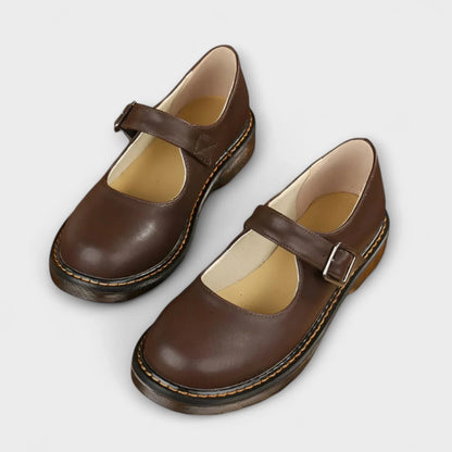 Women's leather Mary Jane shoes with buckle strap and stitched sole – Brown