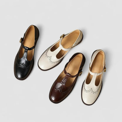 Women's leather Mary-Jane shoes with T-strap buckle and brogue detail