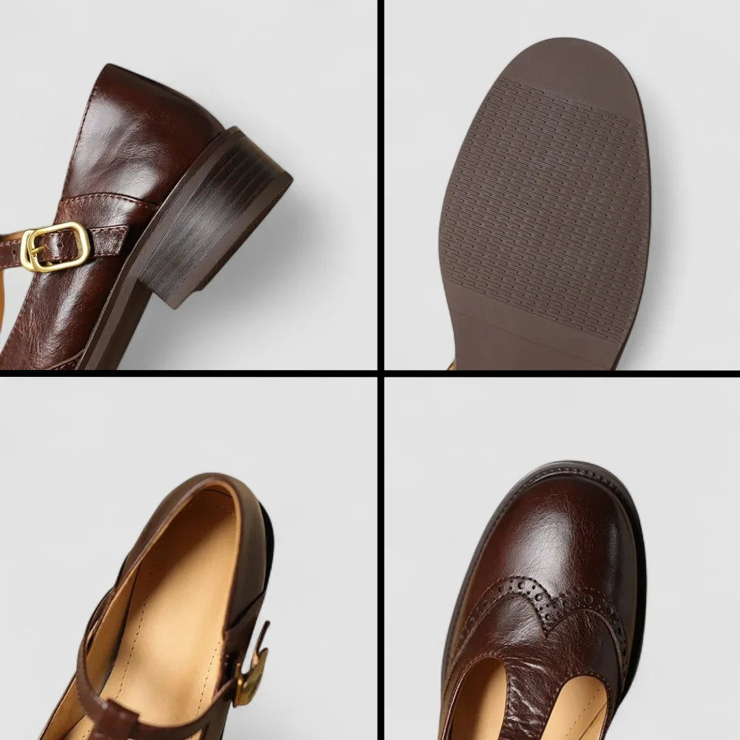 Women's leather Mary-Jane shoes with T-strap buckle and brogue detail